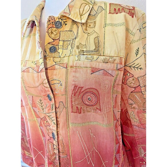 Chico's Fall Tribal Boho Patchwork Embroidered Denim Jean Jacket Art-to-Wear 1M - Picture 10 of 10